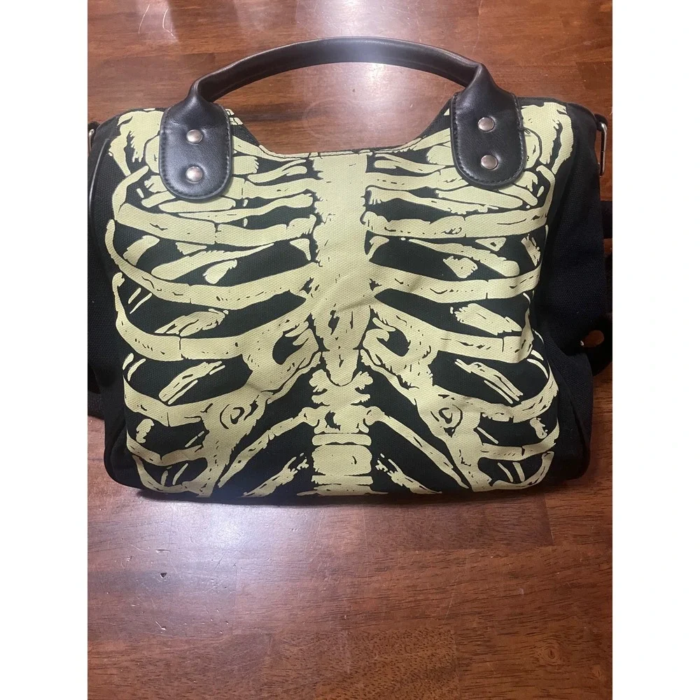 Skeleton Rib Cage Canvas Crossbody Bag Black Gothic Bone Print Tote Handbag